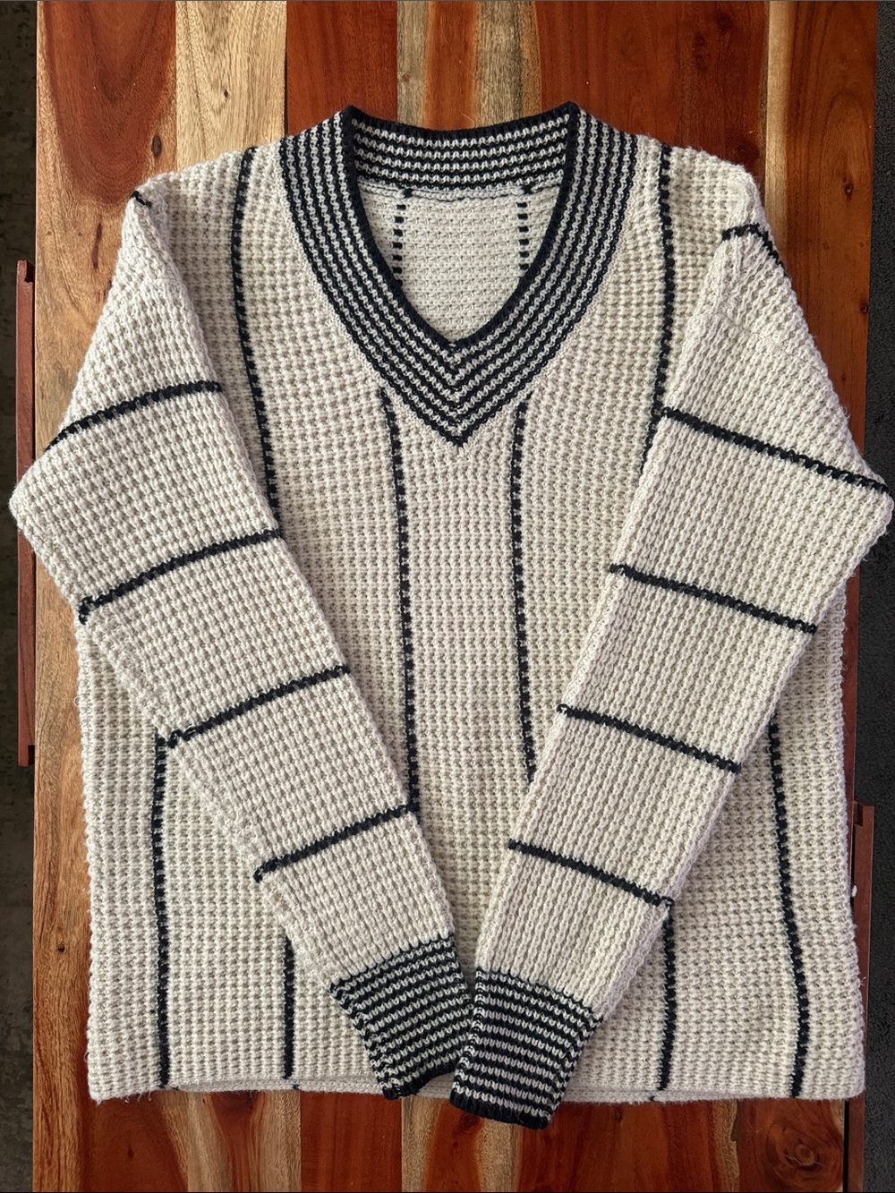 Vintage Cream V-Neck Sweater with Black Stripe Detail